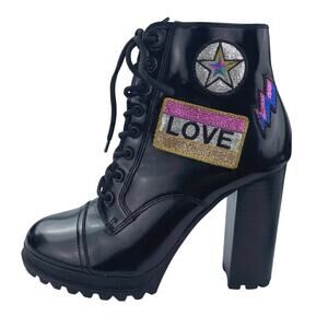 ALDO Glitteratti Black Patchworks Lace Up High Heels Ankle Combat Boots Size 8.5